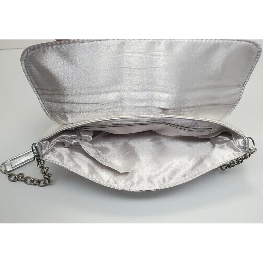 Vintage Silver Clutch Purse Fabric Wedding Evening Bag Chain Strap Lined Handbag